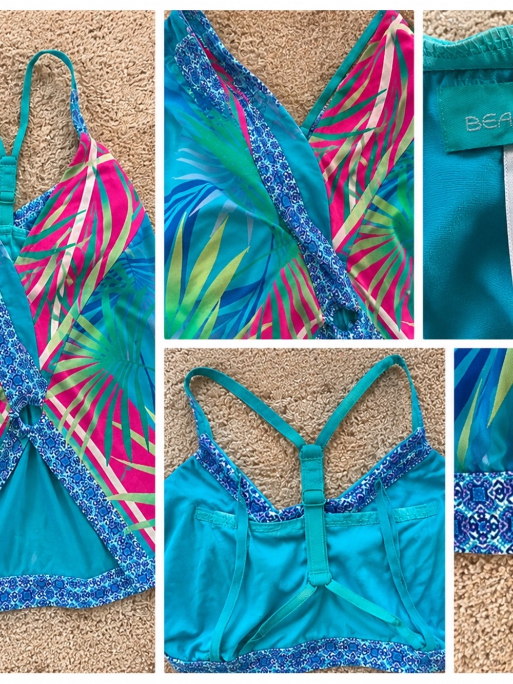 Beach House Women’s Tankini Top 20W Tropical Print Teal Pink Plus Size